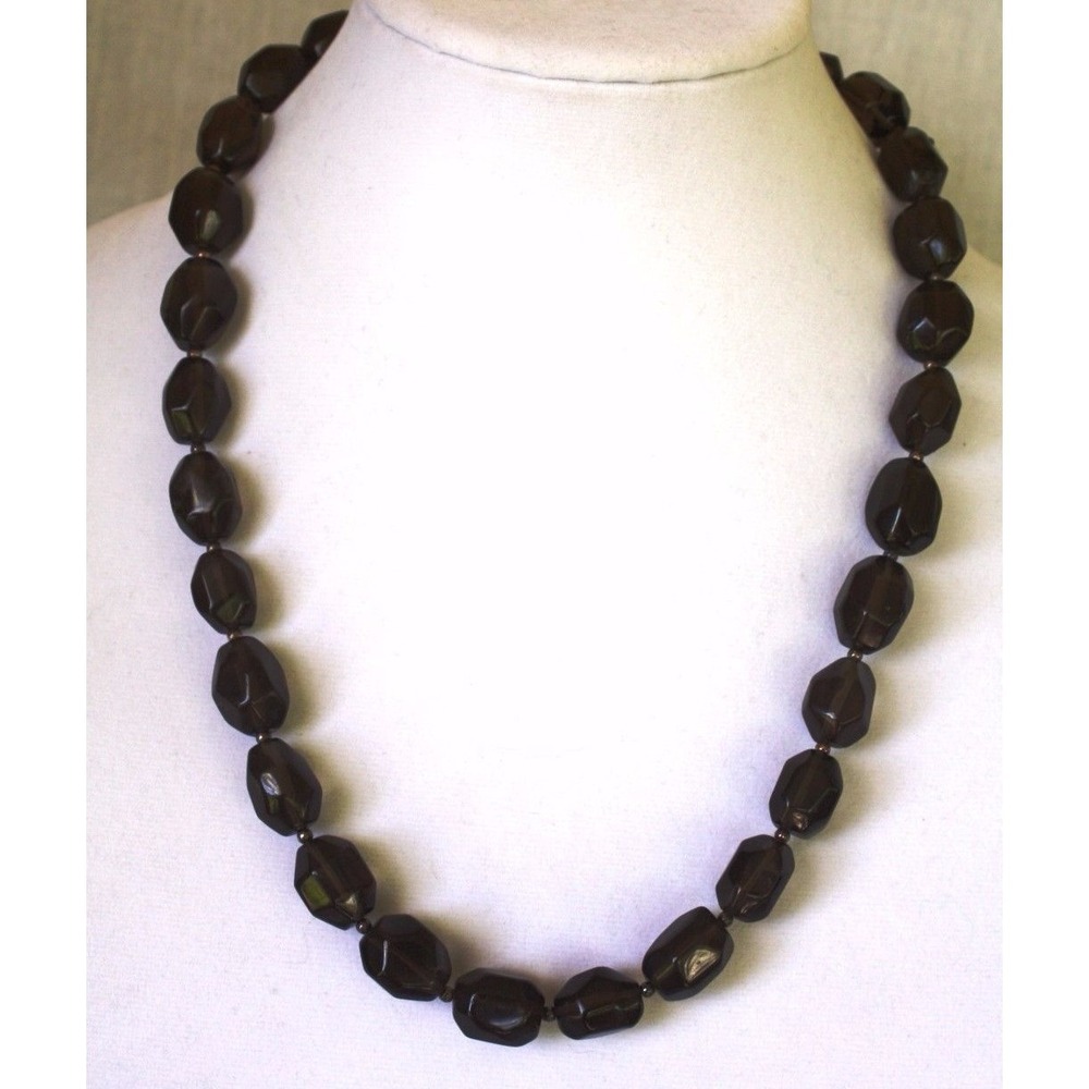 Faceted Natural Stone Smokey Quartz Necklace ~ 24"  Sterling Lobster Claw Clasp